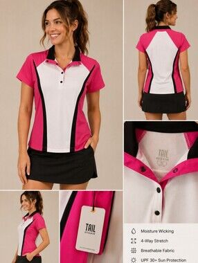 Tail White Label Golf Shirt, NWT; Fushia Pink & White with black trim, Size XS